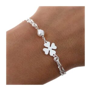Pulsera doble cadena perla trébol