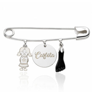 Coleccion nido · imperdible bebe plata 925mm niña + chapa nombre + higa