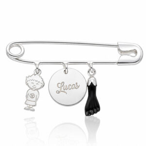 Coleccion nido · imperdible bebe plata 925mm niño + chapa nombre + higa