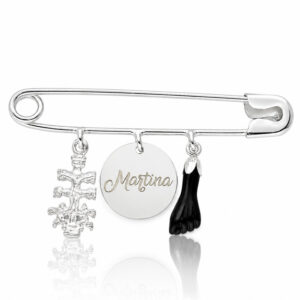 Coleccion nido · imperdible bebe plata 925mm caravaca + chapa nombre + higa