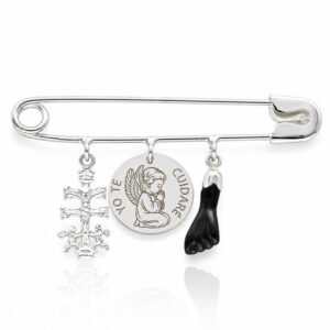Coleccion nido · imperdible bebe plata 925mm caravaca + angel de la guarda + higa