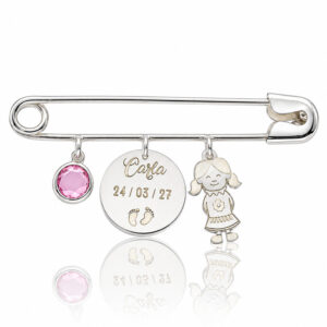 Coleccion nido · imperdible bebe plata 925mm piedra rosa + pies + niña
