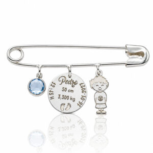 Coleccion nido · imperdible bebe plata 925mm piedra azul + natalicio + niño