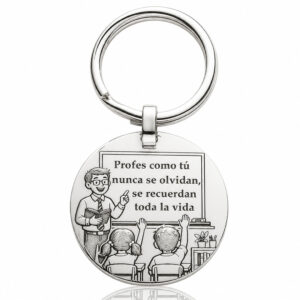 Llavero redondo plata 925mm · profesor + frase