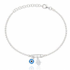 Pulsera plata 925mm imperdible + mano fatima + ojo turco
