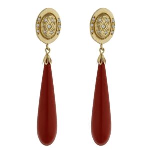 Pendientes oro 18kl coral sintetico