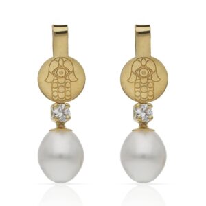Pendientes oro 18kl mano de fatima + perlas