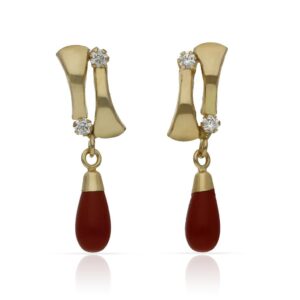 Pendientes oro 18kl coral sintetico + circonitas