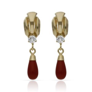 Pendientes oro 18kl coral sintetico + circonitas