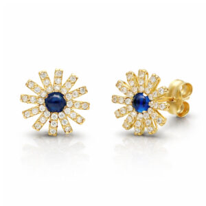 Pendientes oro 18kl flor + circonitas + piedras azules