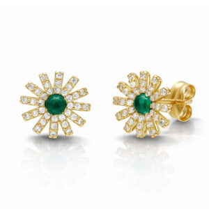 Pendientes oro 18kl flor + circonitas + piedras verdes