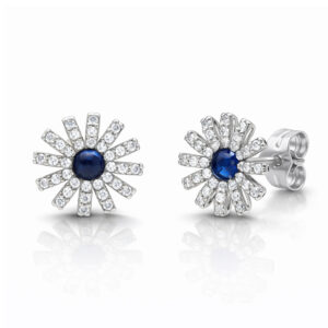 Pendientes oro blanco 18kl flor + circonitas + piedras azules