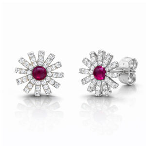 Pendientes oro blanco 18kl flor + circonitas + piedras rojas