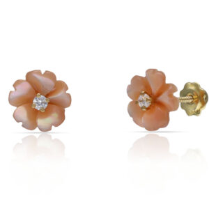 Pendientes oro 18kl flor ceramica rosa