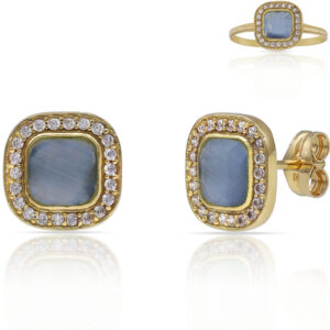 Pendientes oro 18kl piedras agua + circonitas - 9x9mm