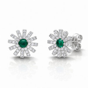 Pendientes oro blanco 18kl flor + circonitas + piedras verdes